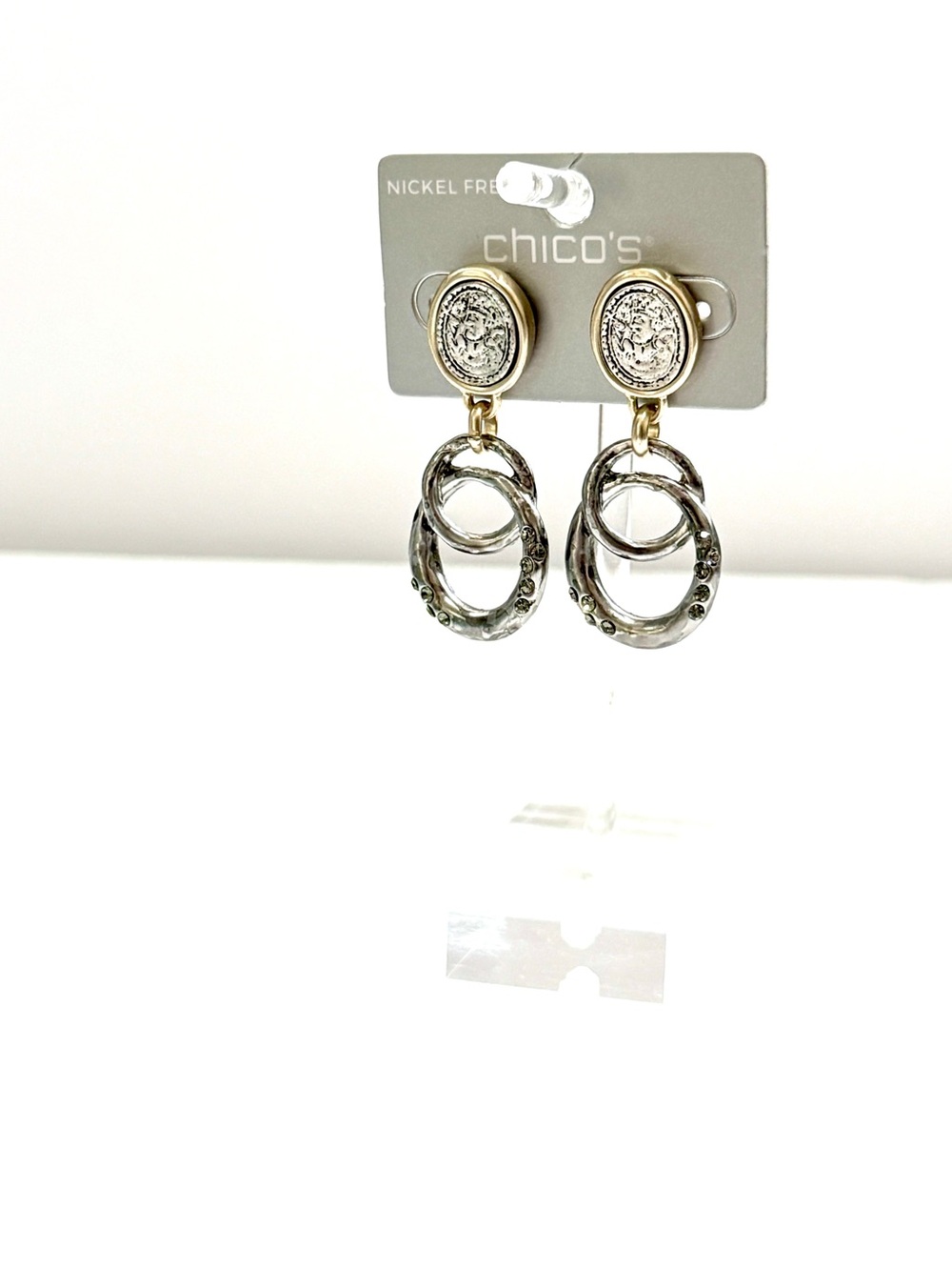 CHICO’S Mixed Metal Double Hoop Rhinestone Earrings w Crystal Accents | NWT